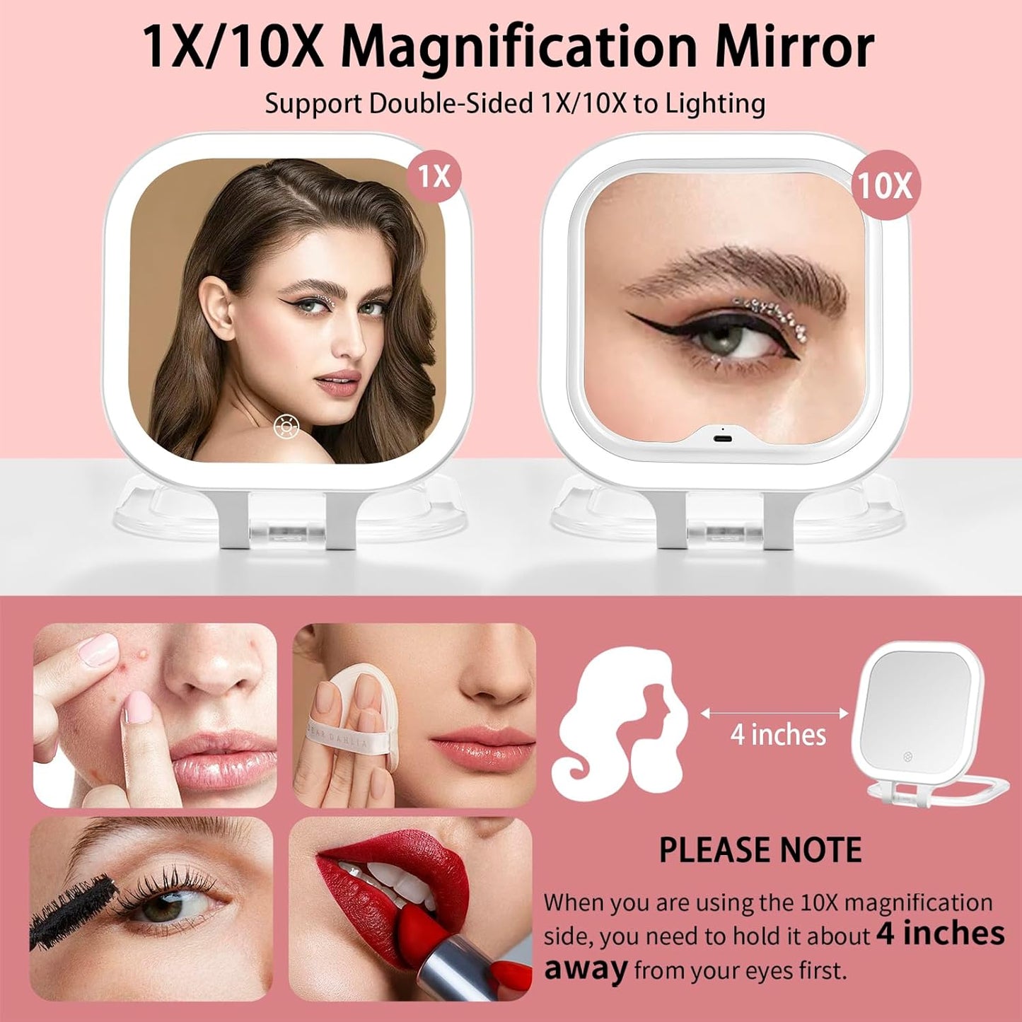 DESCHEN Rechargeable Travel Makeup Vanity Mirror with Lights and Magnification, Portable 1X/10X Magnifying Mirror with 3 Color Light, Lighted Makeup Mirror with Magnification, Folding LED Desk Mirror