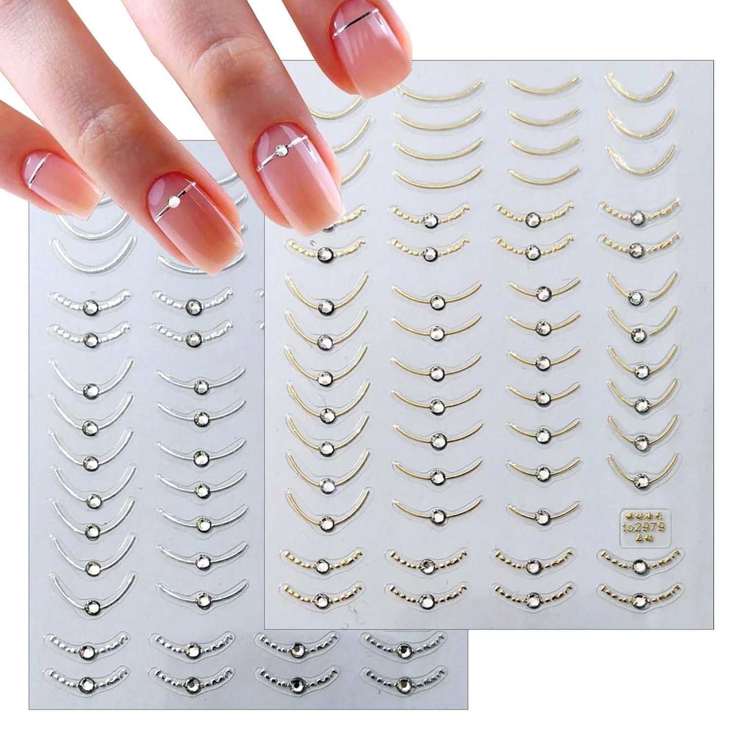 2 Sheets French Tips Nail Art Stickers - 5D Holographic French Simple Gold Silver Line Nail Stickers with Crystal Diamond Design Nail Decals for Women Manicure Decorations