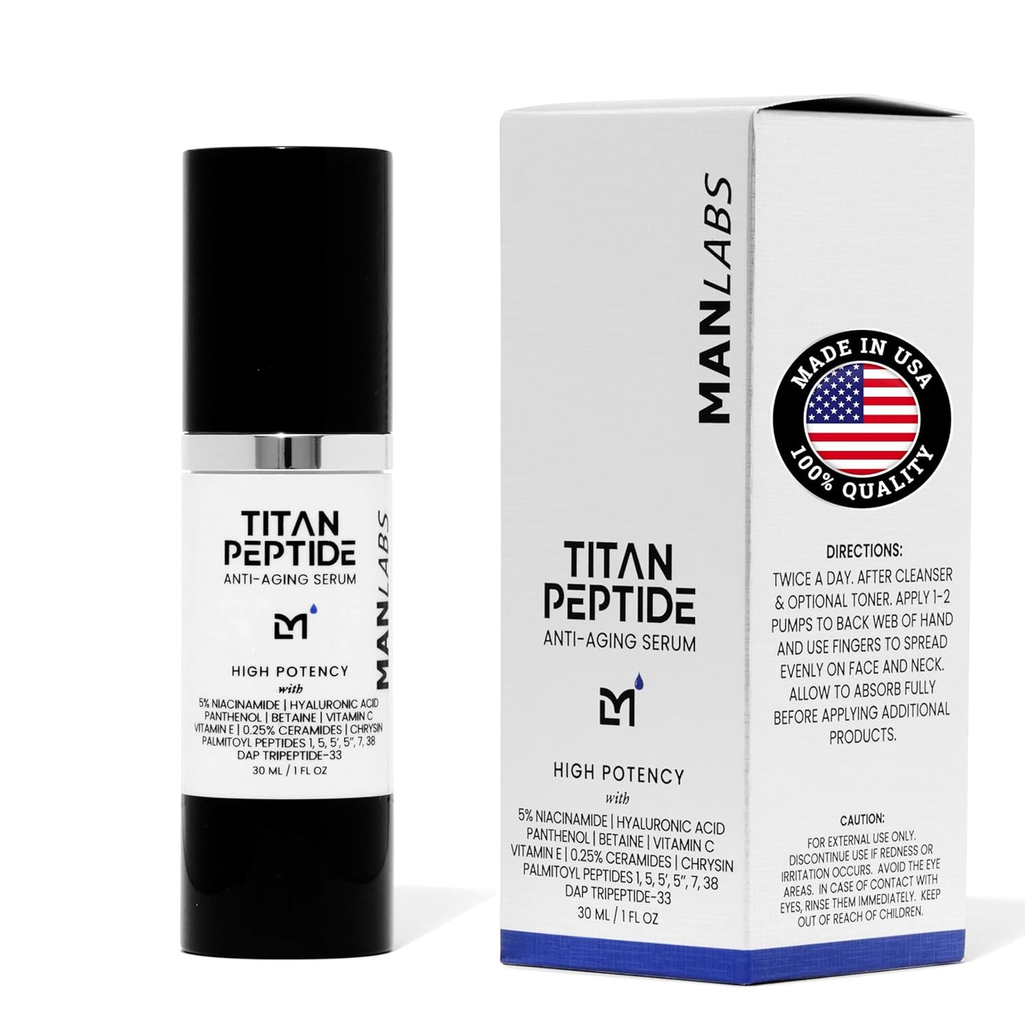 Titan Anti-Aging Peptides Serum for Face – High Potency Mens Peptide Serum Moisturizer – Mens Skin Care – Men, Dark Spots, Wrinkles, Fine Lines – Peptides, 5% Niacinamide, HA – Unscented