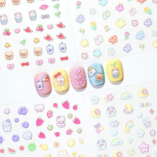 4 Sheets of 3D Nail Stickers - 289 Cute Nail Decals - Embossed Nail Stickers for Kids | Kawaii Theme - Butterfly, Flowers, Stars, Fruits, Bunny, Bears | Glow in The Dark