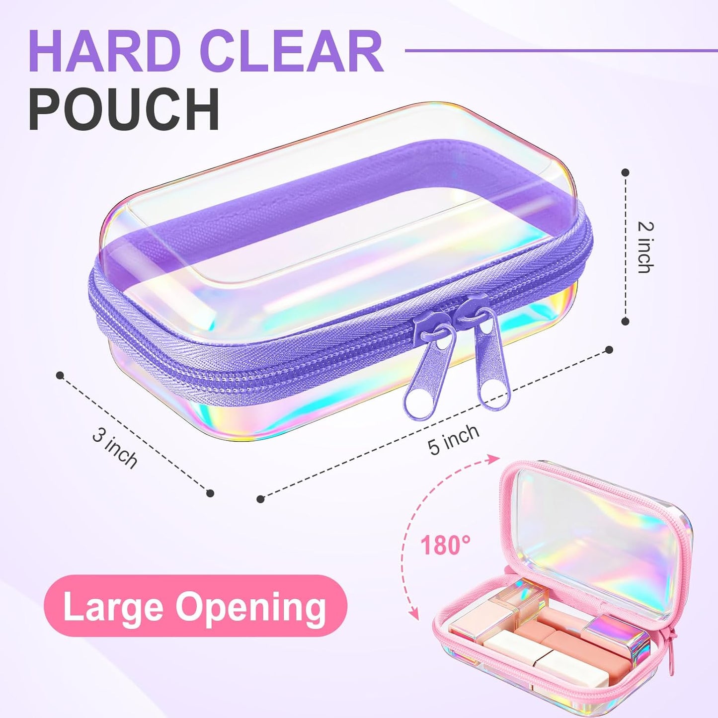 Sanwuta 6 Pcs Clear Hard Zipper Case Pencil Pouches Hard Plastic Zipper Pouches Makeup Bag Transparent Cases for Snacks Plastic Storage Organizer Box for Travel(Holographic,5 x 3 x 2 Inch)