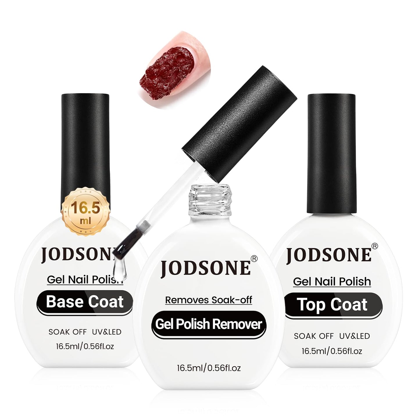 JODSONE 3Pcs 16.5ml Top Coat and Base Coat Set with Gel Nail Remover No Wipe Top Coat Base Need U V Lamp Cured Gel Nail Remover for Quick and Easy Removal At Home