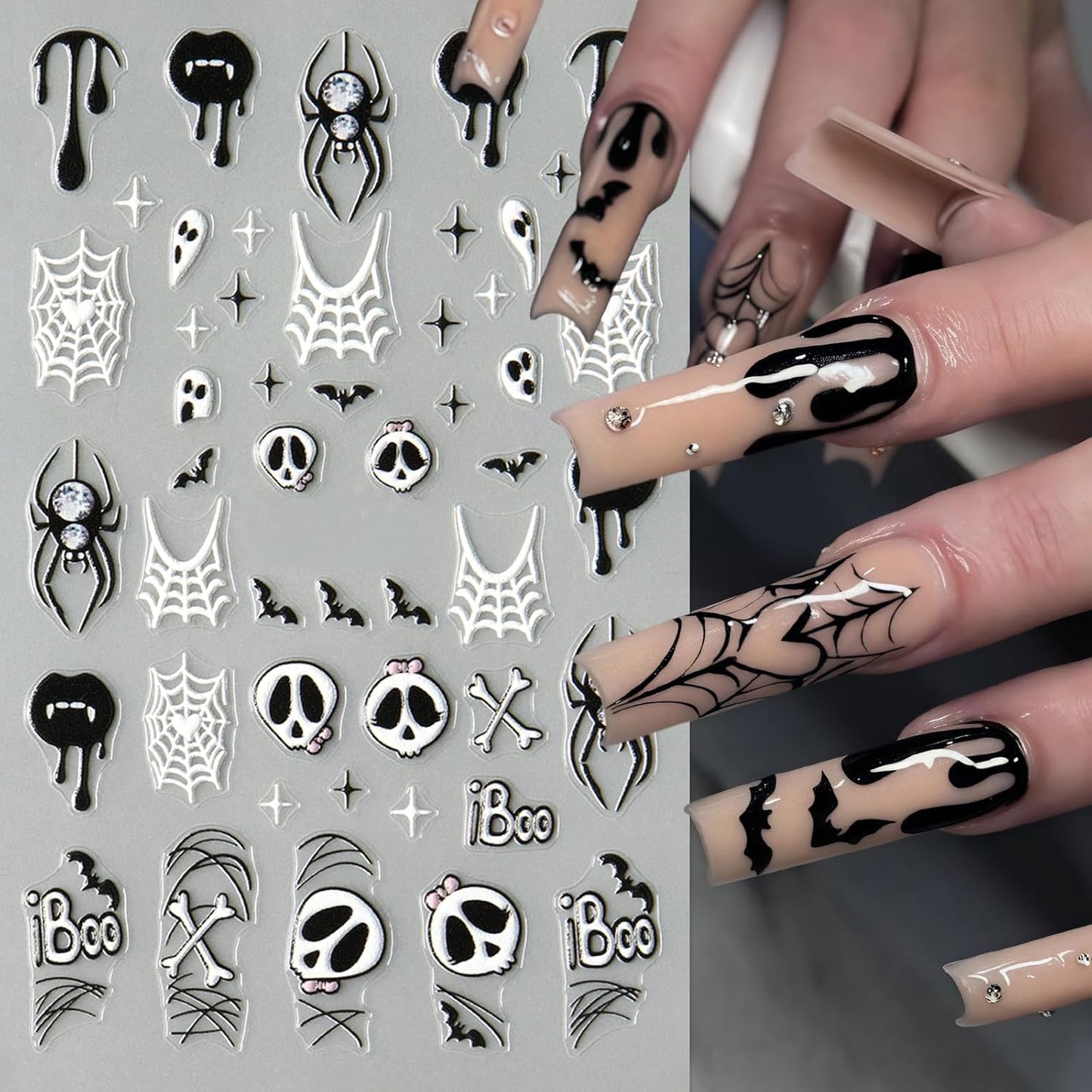 5 Sheet Halloween Nail Stickers 5D Micro Relief Self-Adhesive Cute Ghost Spider Web Nail Decals Ghost Spider Web Skull Bat Nail Design Classic Halloween Decoration for Women Manicure Art Supplies