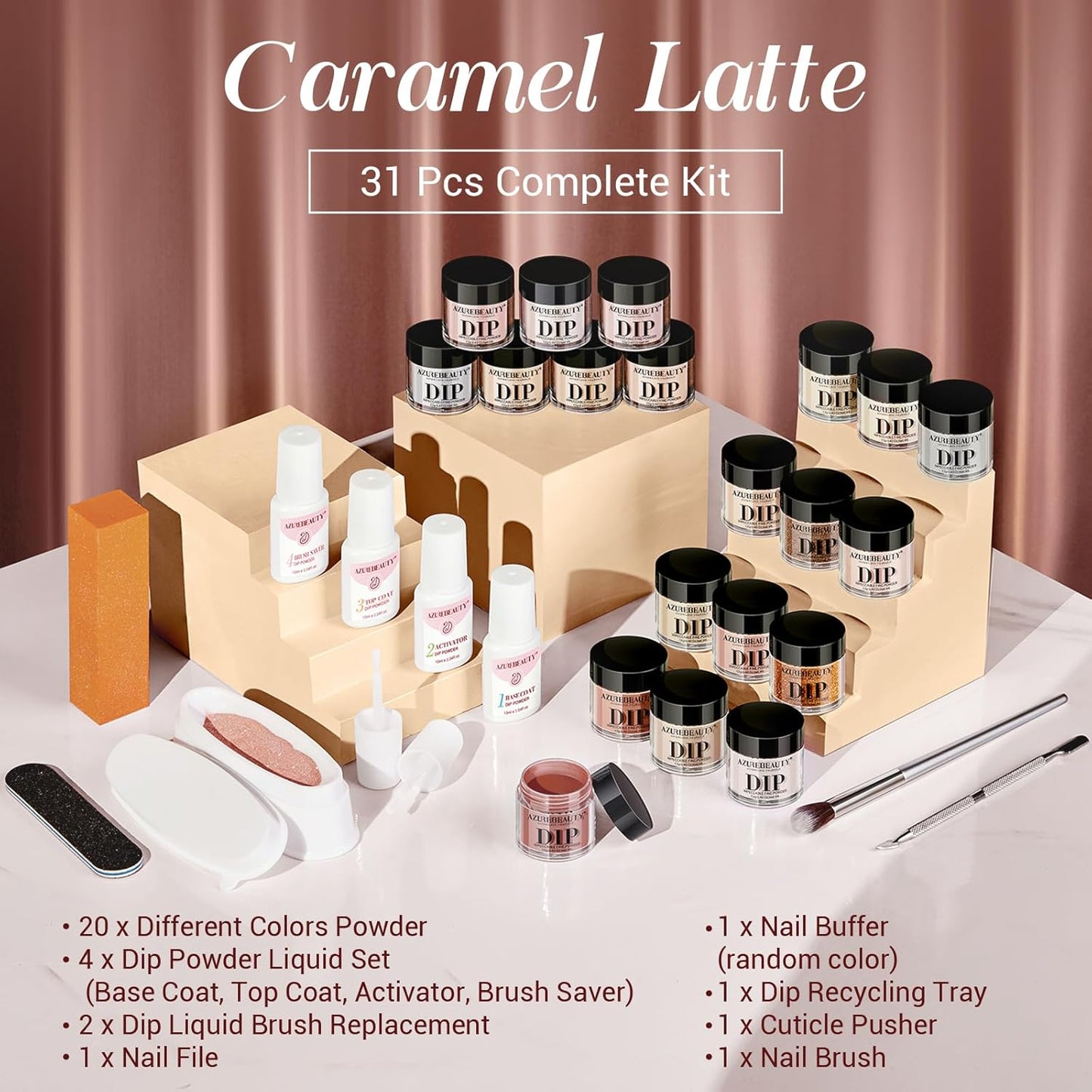 AZUREBEAUTY 31 Pcs Dip Powder Nail Kit 20 Colors Glitter Nude Brown Pink White Gray Dip Powder Liquid Set with Top/Base Coat Activator for French Nails Art Manicure DIY Salon Women Valentine's Gift