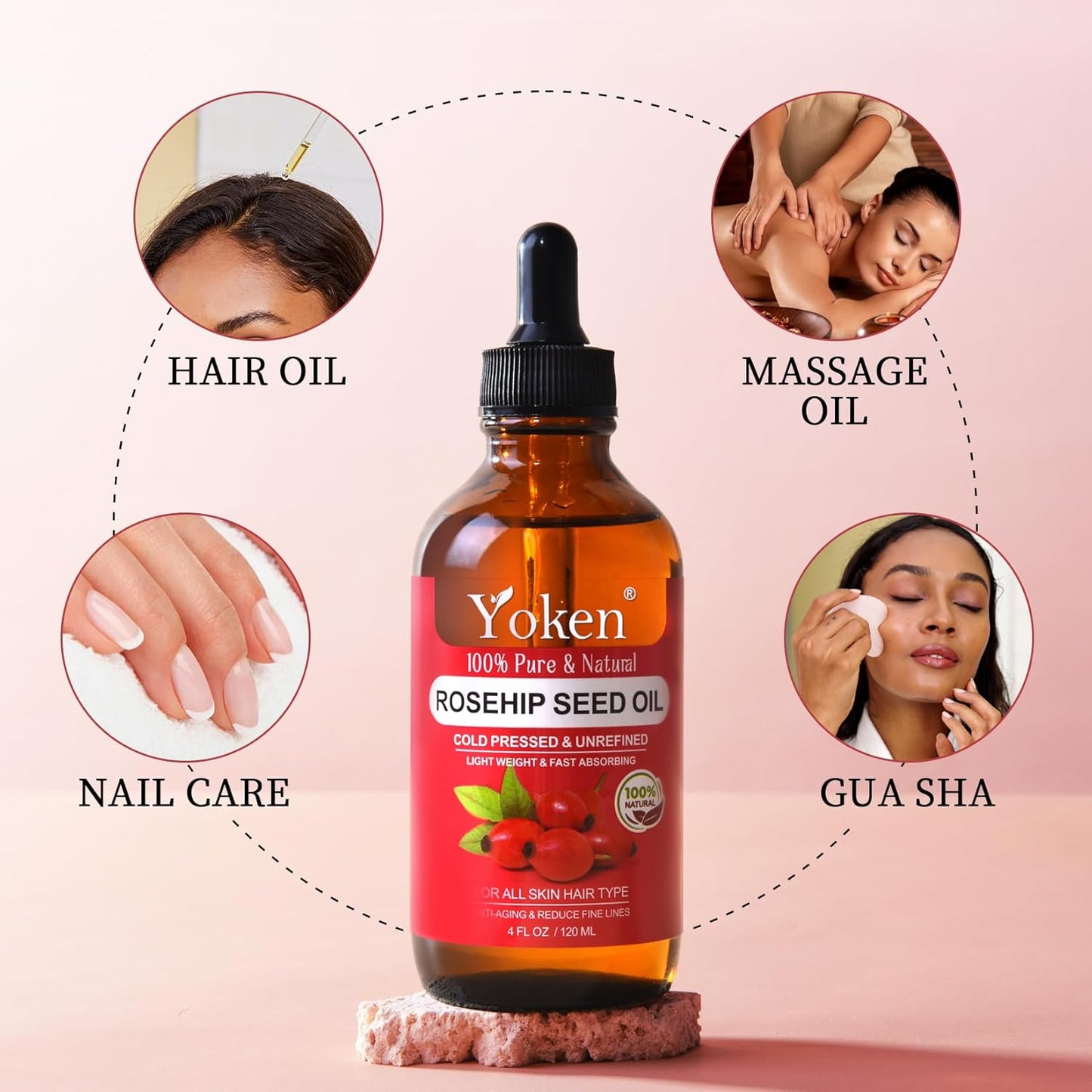Yoken Rosehip Seed Oil For Face,100% Pure Rosehip oils For Skin,Scars,Hair & Nails.4 fl Oz Cold Pressed Rose Hips Oil For Skin Care, Anti-Aging, Scar Treatment, GUA SHA Massage DIY (4 Fl Oz)