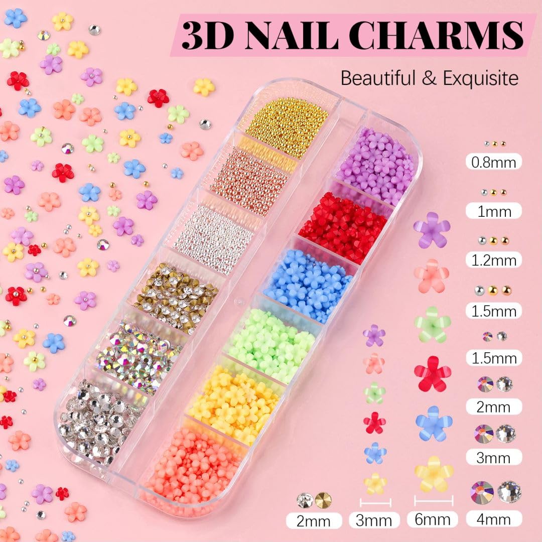 3D Flowers for Nails, Colorful Acrylic Flower Nail Charms with Caviar Beads, Flat Back Glass Crystal AB + Clear Gemstones Round Gems Rhinestones for Nails and Acrylic Nails with Dotting Tools