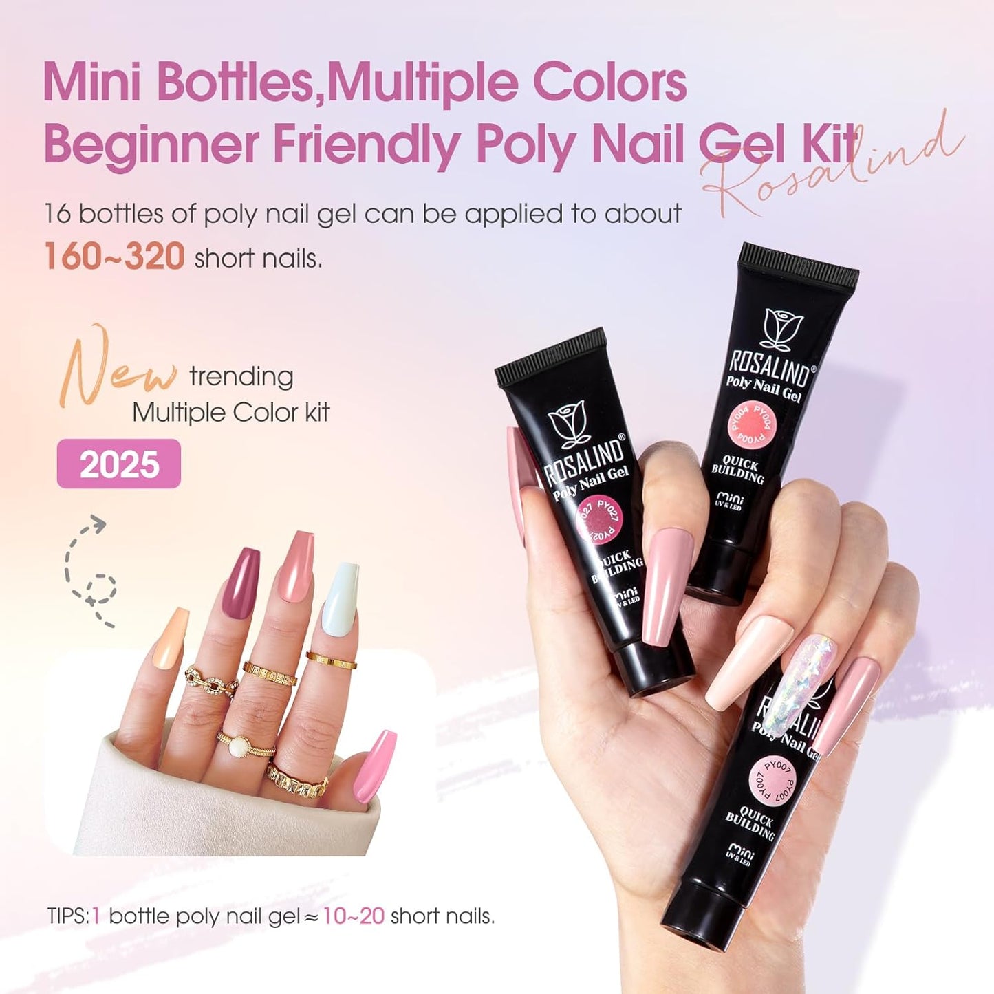 ROSALIND Poly Nail Gel Kit -16 Colors + Nude Pink Nail Art Accessories kit Clear Nude Poly Nails Gel Kit Starter Kit With Slip Solution Nude Pink Nail Extensions Gel Set with Mini UV Lamp