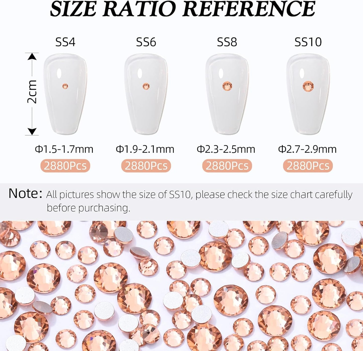 Champagne Flatback Rhinestones, Glass Rhinestones for Nail Art and Craft, Glue Fix, Loose Crystal Gemstones(Champagne, SS6, 2880pcs, 1.9-2.0mm)