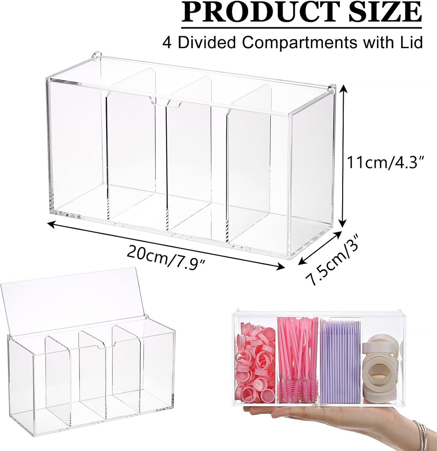 ELLDOO Lash Extension Organizer Box with Lid, Acrylic Eyelash Supplies Organizer Storage Box, 4 Compartments Bathroom Supplies Storage Container for Cotton Swabs, Balls, Pads, Floss Picks