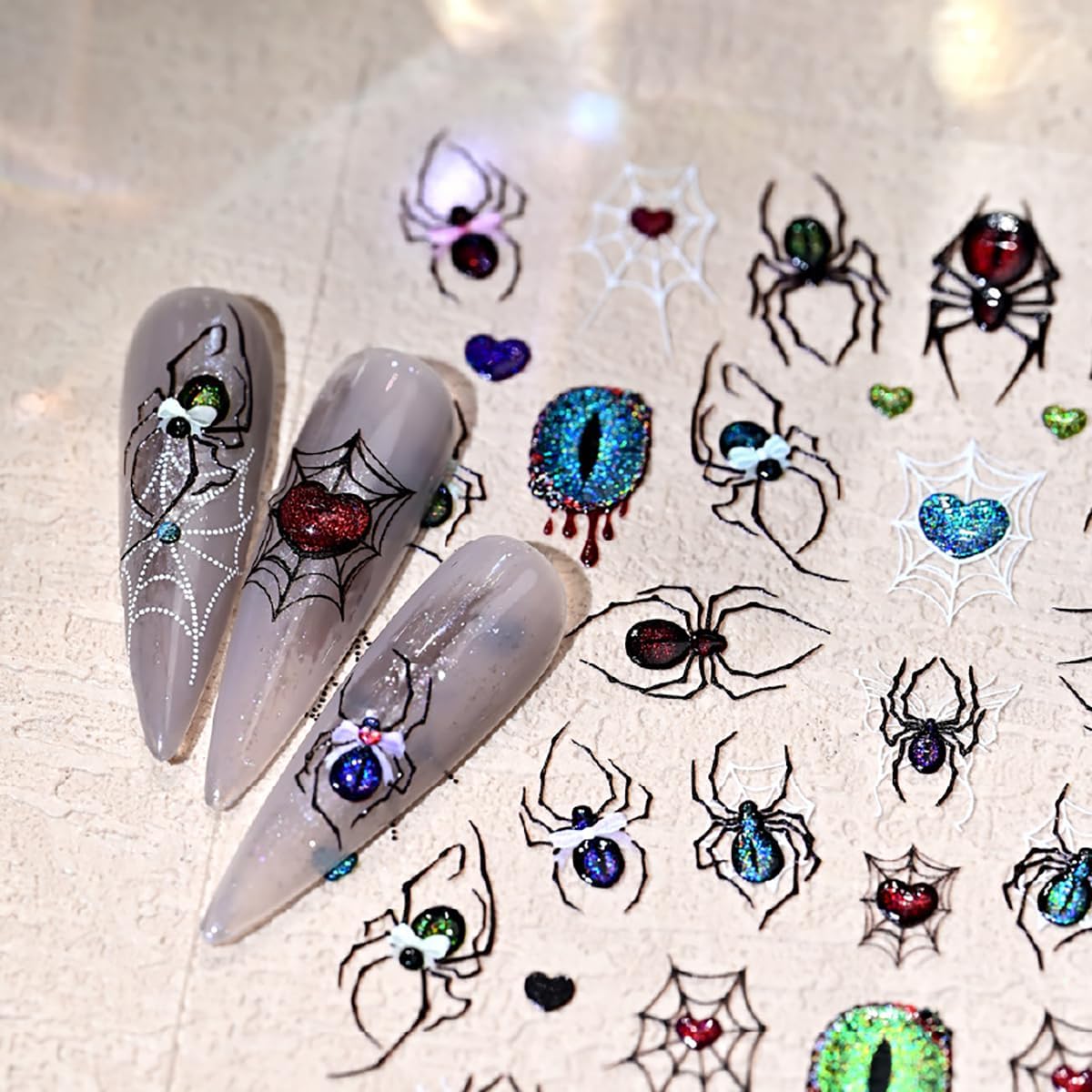 2 Sheets Halloween Nail Art Stickers Decals 5D Embossed Spider Web Nail Decals Glitter Spider Eyes Nail Design Stickers Gothic Halloween Nail Art Supplies for Women DIY Manicure Decoration Accessories