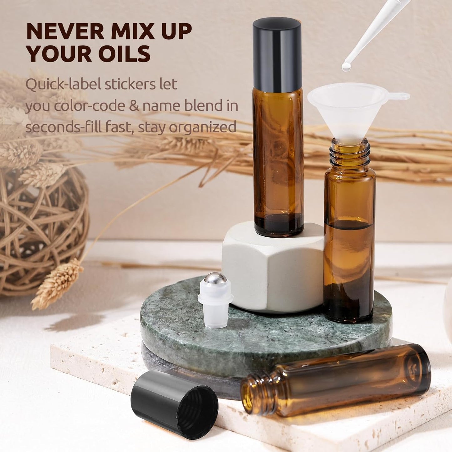 8 Pack 10ml Essential Oil Roller Bottles, Amber Leak-Proof Glass Roll on Bottles, Roller Ball Applicator, Opener, Droppers, Funnel, Labels, Refillable for Perfume & DIY Skincare