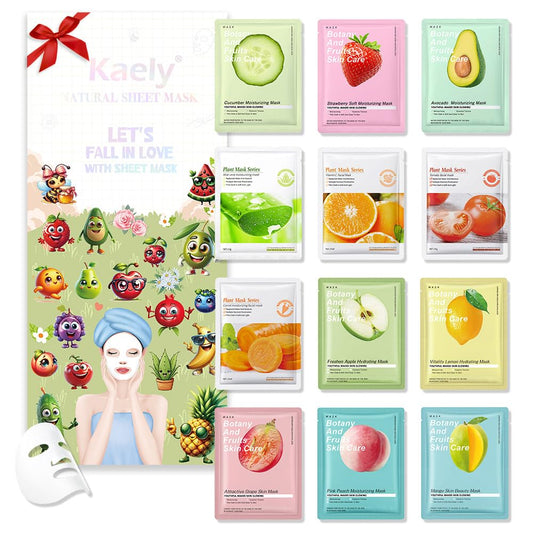 12 Pack Various Fruits Face Sheet Mask Skincare,Hydrating Face Mask For Sensitive Skin,Moisturize,Soothing,Nourish for All Skin Types,Natural Spa Party Facial Mask Skincare Set for Women Men Girls