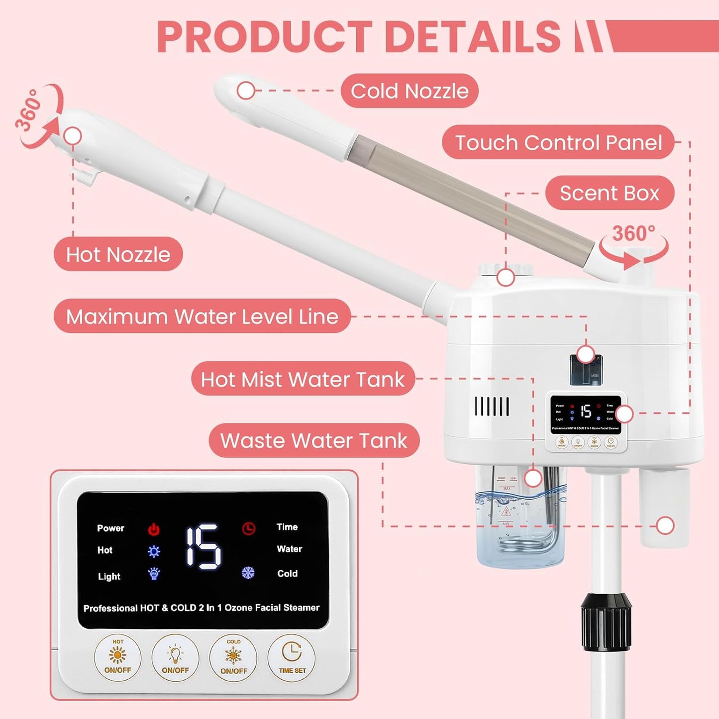 Professional Facial Steamer, 2 in 1 Facial Steamer with Hot&Cold Nozzle, Esthetician Face Steamer with Digital Display for Spa, Salon and Home Use