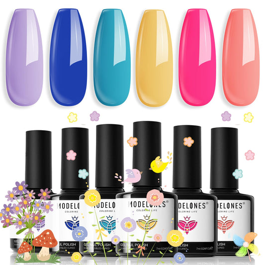 modelones Gel Nail Polish Set - 6 Colors Neon Bright Gel Polish Hot Pink Royal Blue Purple Turquoise Peaches Coral Yellow Nail Polish Soak Off LED Manicure DIY Salon Gift Unisex