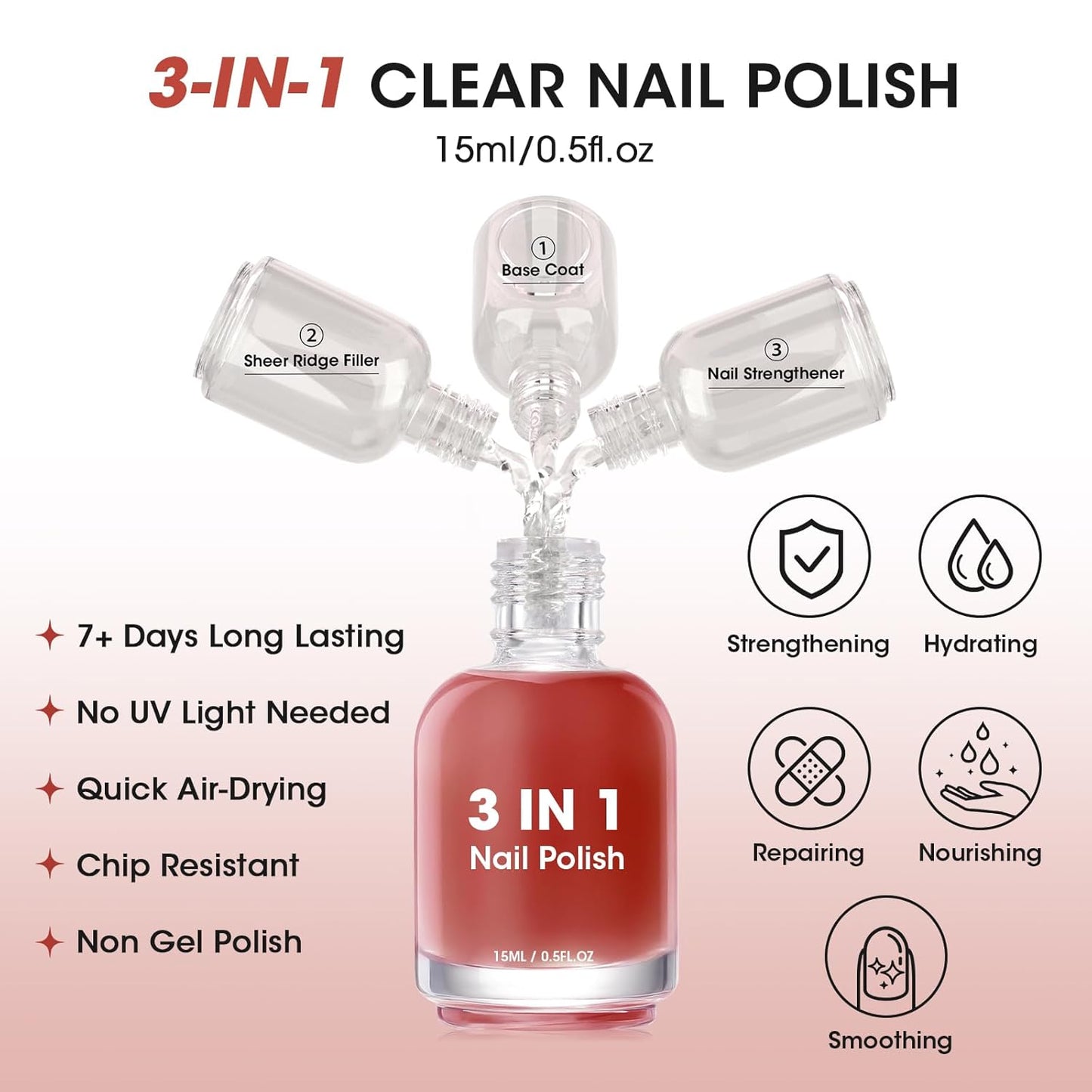 GELLEN Tinted Red Ridge Filler For Nails, Clear Nail Polish Ridge Filling Base Coat, Nail Strengthener and Growth, Hydrates Strengthens Nourishes Damaged Dry Nails, Shea Butter & Vitamin E & Protein