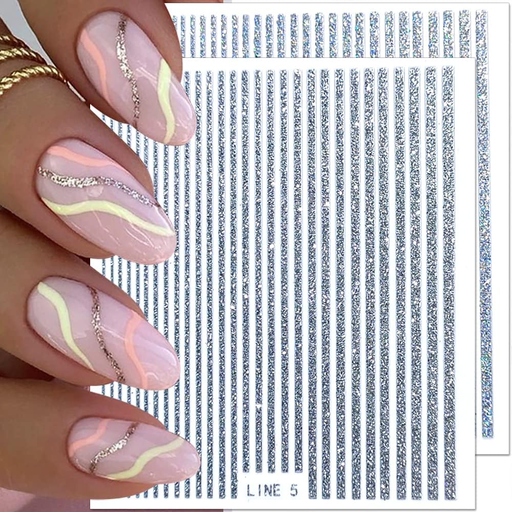 3D Glitter Lines Nail Stickers Holographic Nail Art Stickers Metal Stripe Nail Decals Self Adhesive Geometric Strip Line Nails Stickers Women DIY Nail Supplies,6 Colors/Set