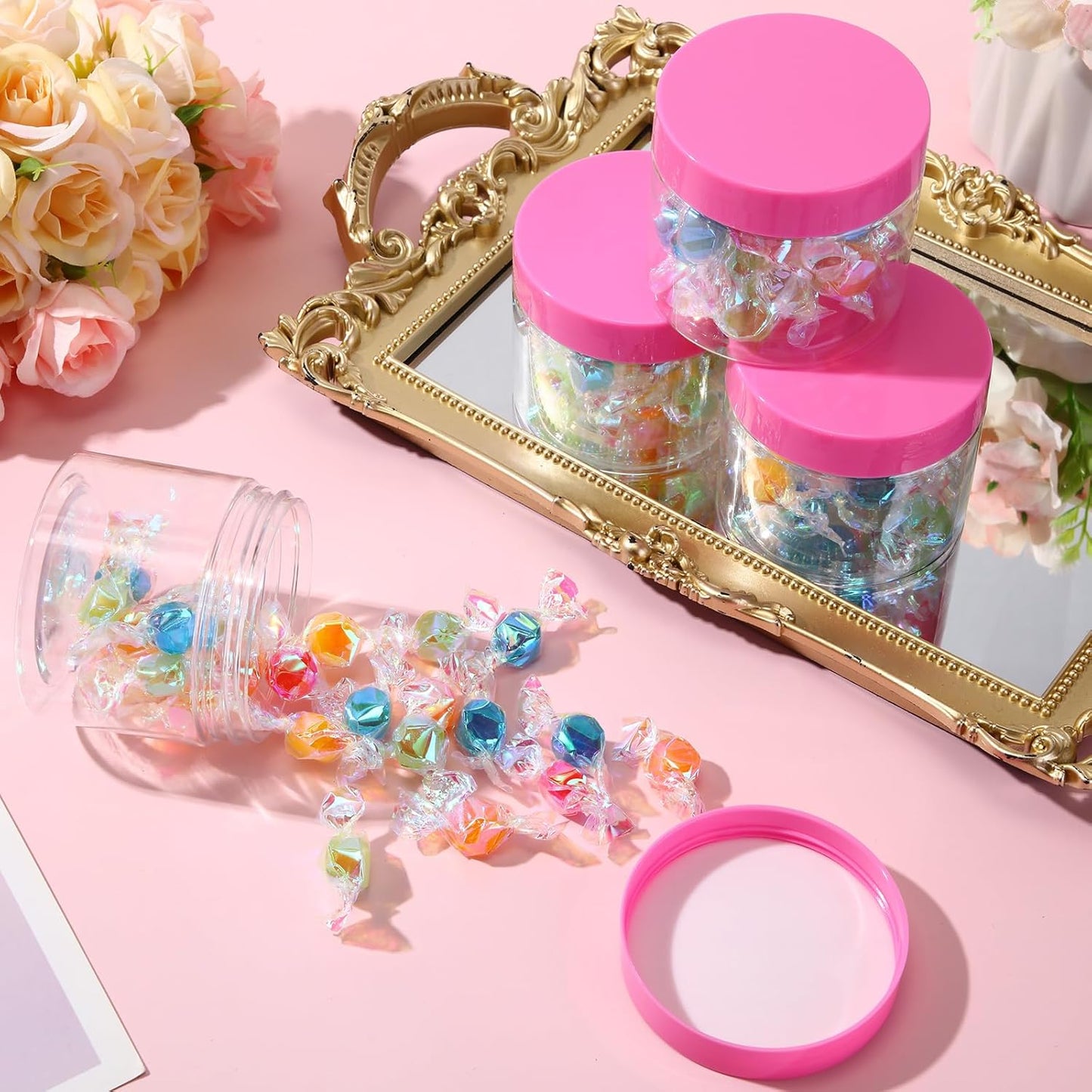 SATINIOR 36 Pieces 2 oz Plastic Jars with Lids Wide Mouth Airtight Reusable Container Acrylic Cosmetic Small Jars for Lotions Ointments Travel Toiletries Creams Make up Storage(Pink)