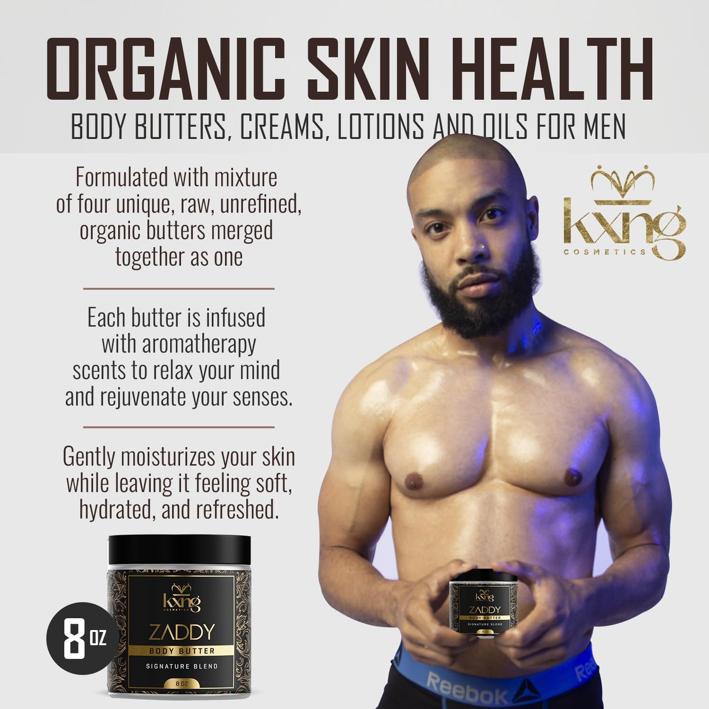 KXNG Cosmetics, Body Butter, Organic Skin Care for Men and Women, Body Moisturizer Lotions and Creams, Raw Shea Butter, Cocoa Butter, Mango, Coconut Oil, Hand, Foot, All Skin Types (Zaddy XL)