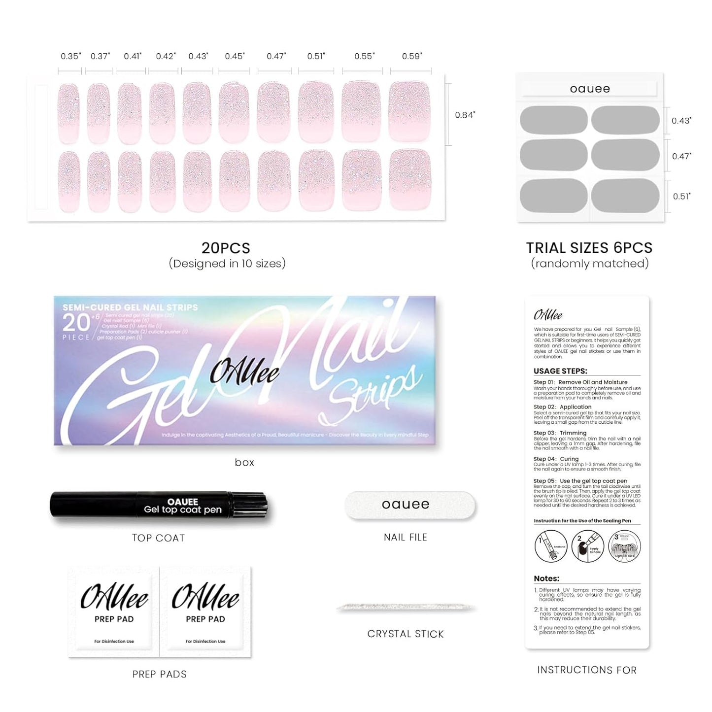 Semi Cured Gel Nail Strips | Built-In Gel Top Coat | UV Light Required | Salon Quality, Easy Application And Removal (Lilac Glitter)