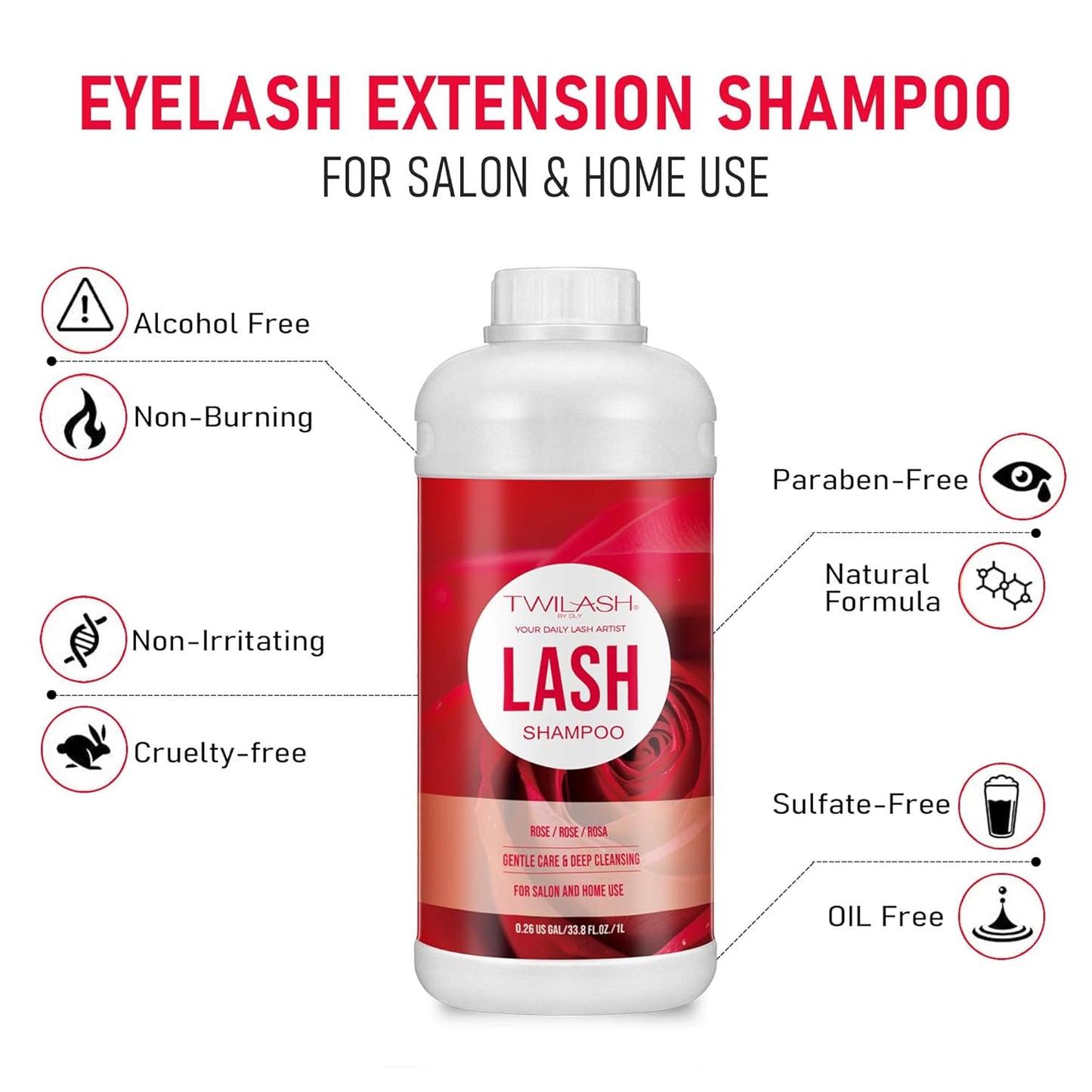 Lash Shampoo Bulk, Eyelash Cleanser for Extensions 1 Liters, Safe Makeup Remover, Non-irritating or Burning Formula Eyelid Foaming Cleanser for Professional Salon and Home Use (Rose-1L)