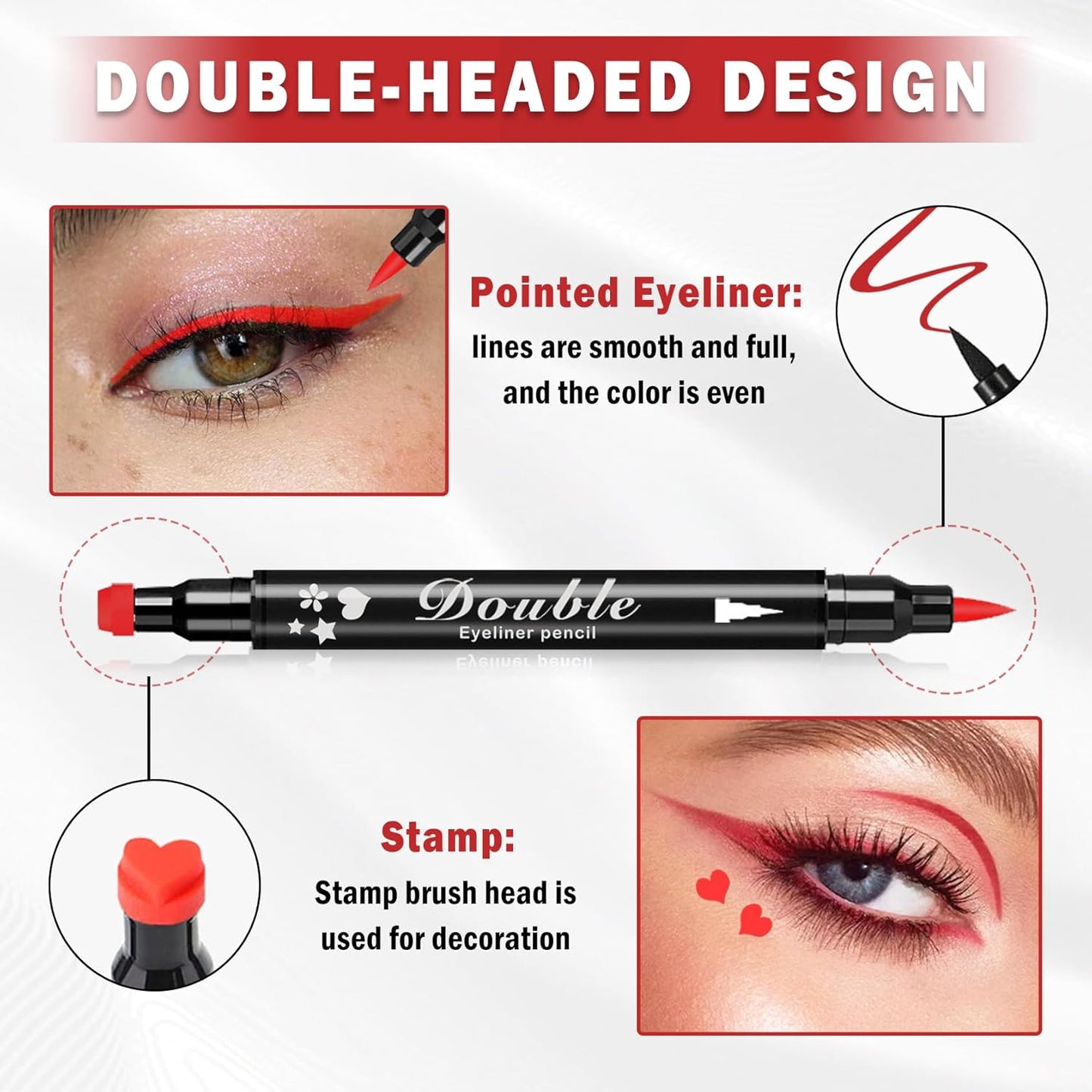 2PCS Double-headed Eyeliner Stamp Pencil Red Liquid Winged Eyeliner Stamp Pen Waterproof Smudgeproof Eye Liner Stamp for Eye Makeup(Star+Heart)