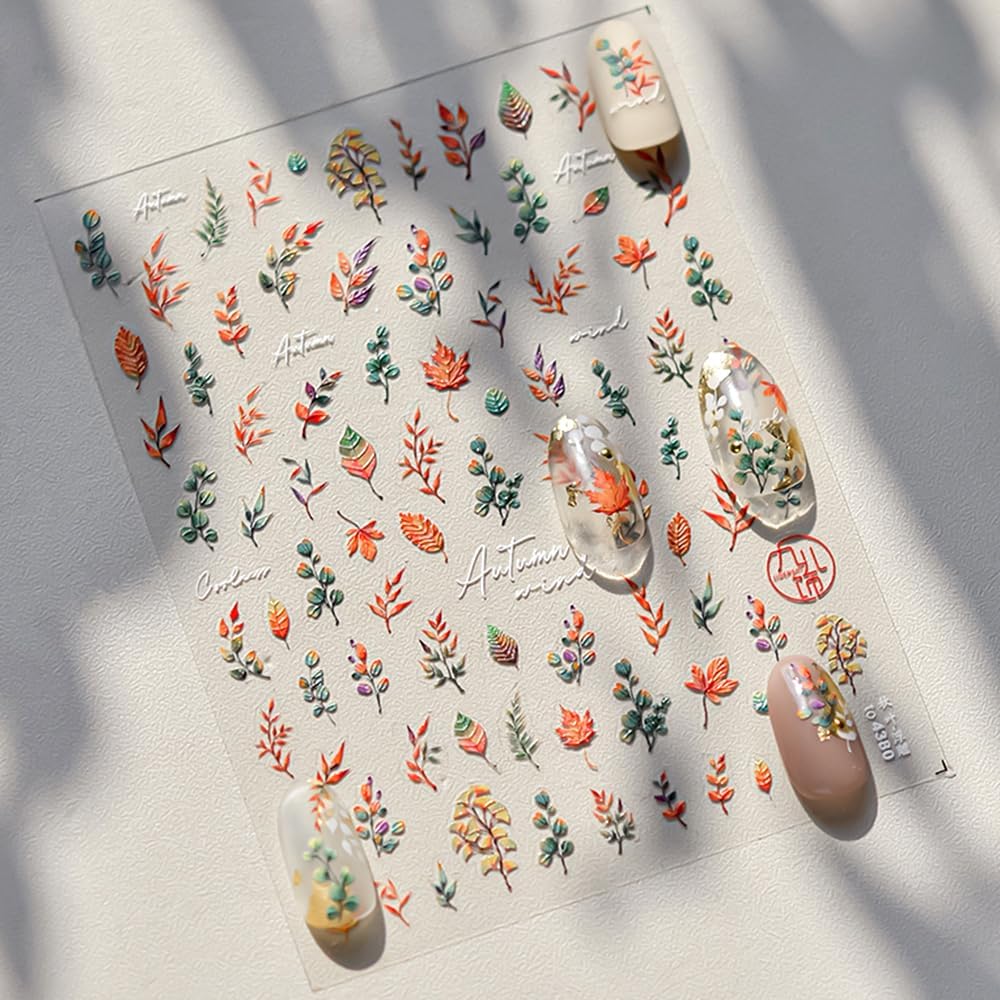 5D Relief Ginkgo Maple Leaf Stickers for Nails Design Fall Nail Stickers for Women Fall Leaves Nail Art Sticker Autumn Nail Decals Yellow Green Foliage Manicure Decor Sticker Nails Accessories