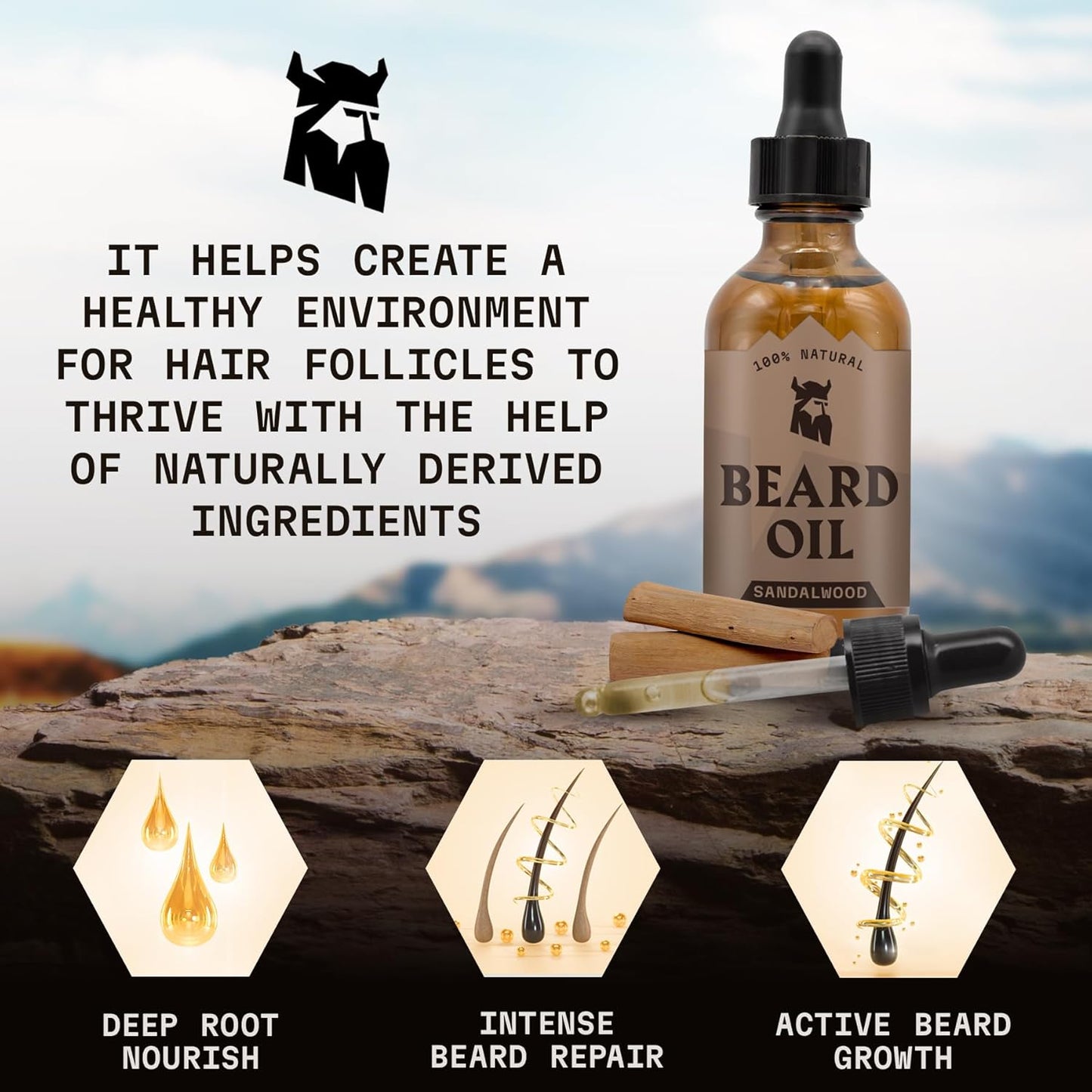 Striking Viking Sandalwood Beard Oil for Men - 2 Fl Oz, Sandalwood Scent - Natural Hydrating & Softening Beard Care with Argan, Jojoba, Almond & Tea Tree - Non-Greasy, Fast-Absorbing Formula