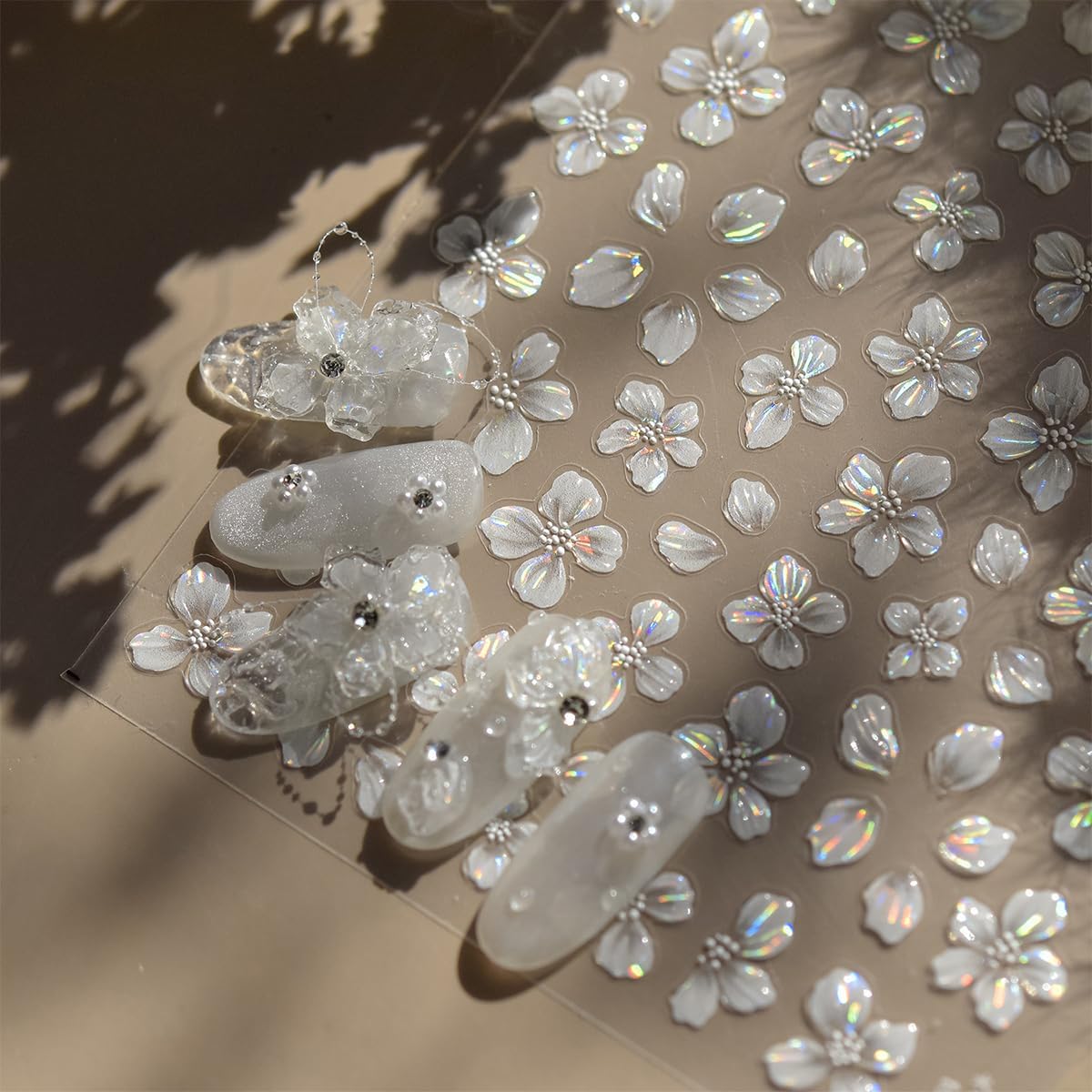 Flower Nail Stickers for Nail Art White Magnolia Petals Wedding Nails Design 3D Nail Art Stickers Decals Shiny Shell Light Crystal Flowers Stickers for Nails Summer DIY Manicure Decorations 1Pcs