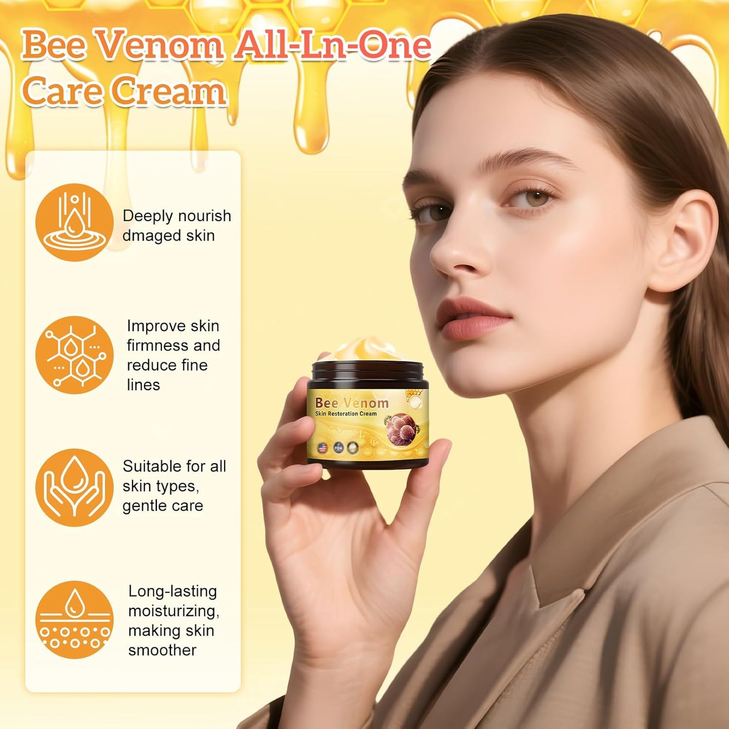 2Pcs Bee Venom Skin Restoration Cream, Professional Bee Venom Comprehensive Skin Treatment Cream, for Firming, Wrinkle Reduction & Moisturizing, Natural Serum for All Skin Types