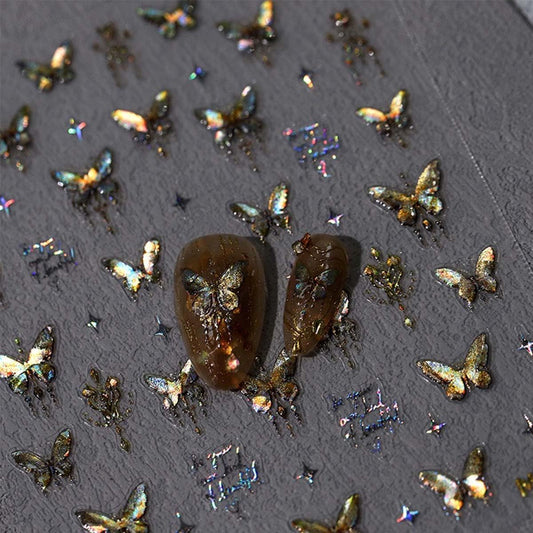 Butterfly Nail Art Stickers 5D Embossed Jelly Nail Decals Aurora Gold Butterfly Nail Stickers Self Adhesive Butterflies Nails Supplies for Women Girls Manicure Decoration 1Sheet