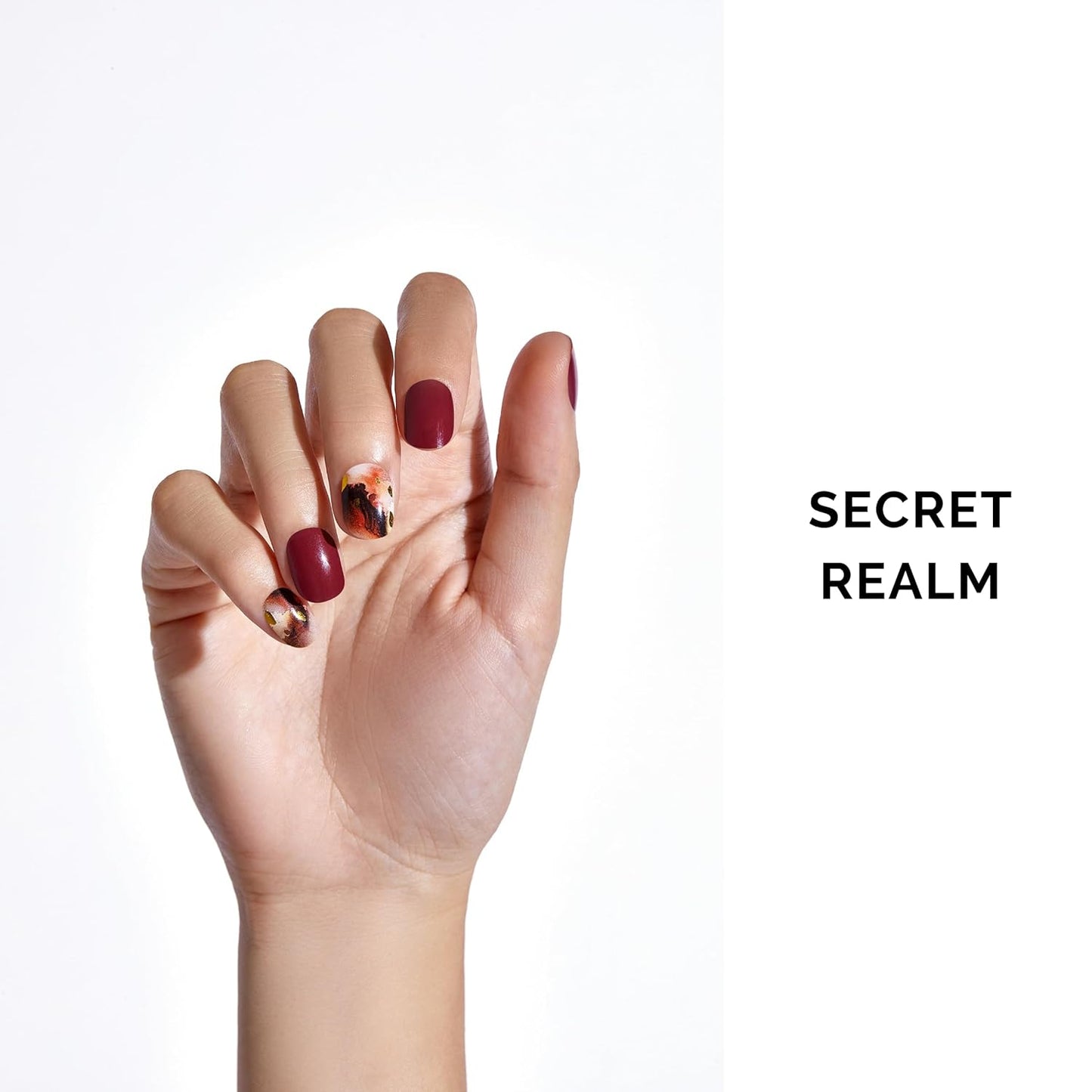 Semi Cured Gel Nail Strips - NAILOG 34 Pcs Gel Nail Stickers | Buy 2 Get 1 UV Light | Extra Long Nail Wraps with Glossy Gel Finishing Dark Brown, Secret Realm