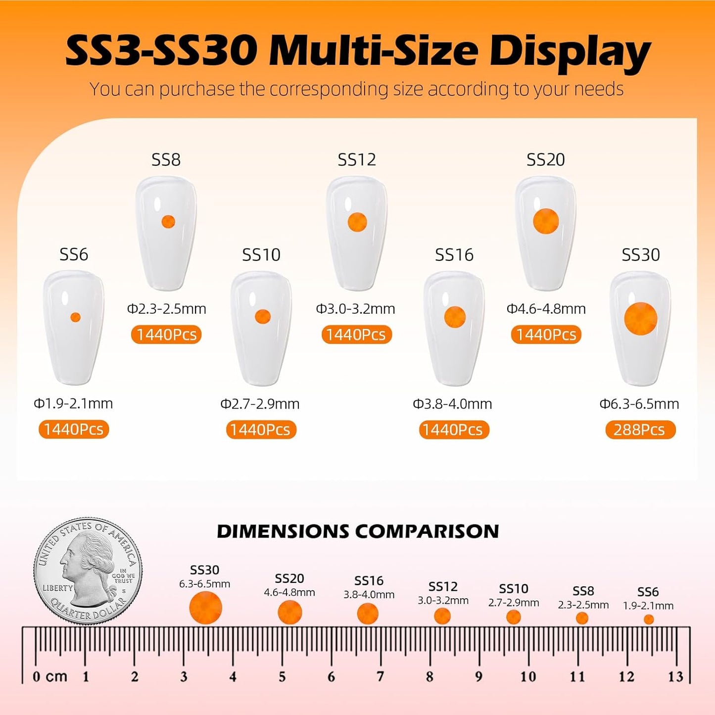 Neon Orange Flatback Rhinestones, Glass Rhinestones for Nail Art and Craft, Glue Fix, Loose Crystal Gemstones(Neon Orange, SS20, 1440pcs, 4.6-4.8mm)