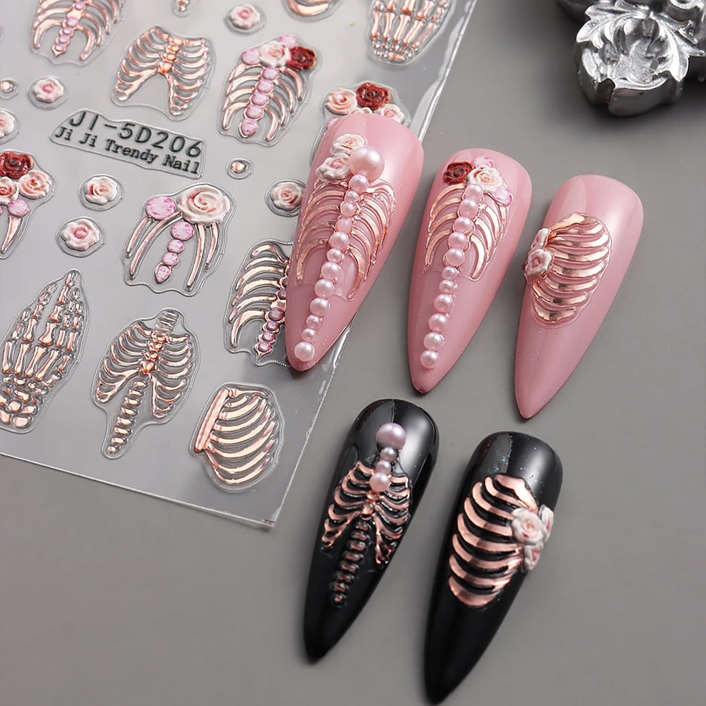 Halloween Nail Art Stickers Decals 5D Skeleton Hand Nail Decals 3PCS Embossed Self-Adhesive Spooky White Rose Gold Skull Design Gothic Holiday Nail Charms for Women DIY Manicure Accessories Supplies