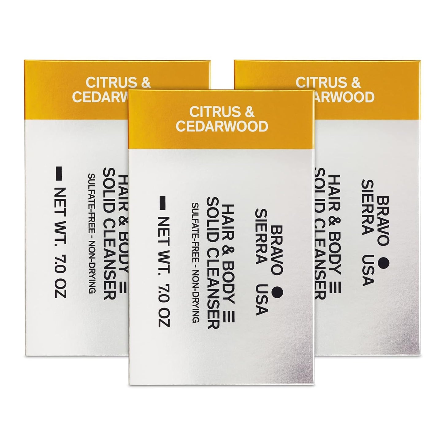 Bravo Sierra All-In-One Citrus & Cedarwood Men's Body and Hair Bar, 3-Pack - Coconut, Shea Butter & Oat Flour for Soft Skin & Healthy Hair, 7 oz