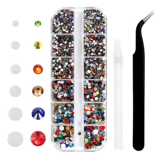 4240Pcs Flatback Multicolor Rhinestones Glass Crystal Gems for Nail Art Face Jewels Round with Tweezers and Picking Pen (SS6~SS20 Set)