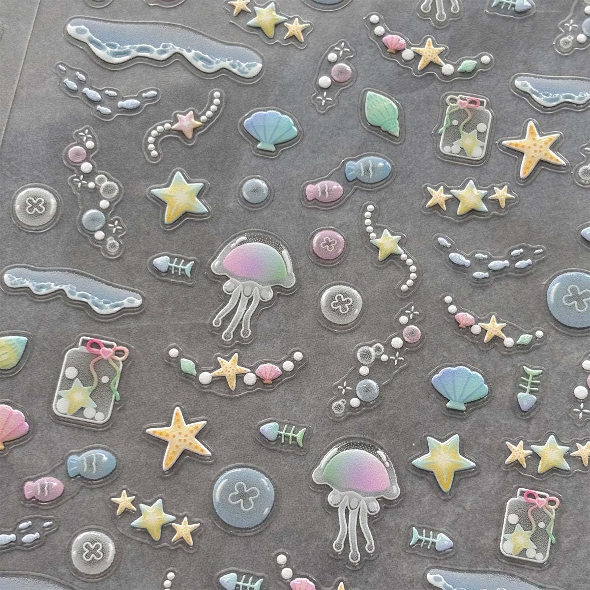2 Sheet Aurora Nail Art Sticker Summer Nails Decals 3D Adhesive Stickers Jellyfish Shell Starfish Design Cute Nails Art Decals for Women Girls Holiday Manicure Decoration