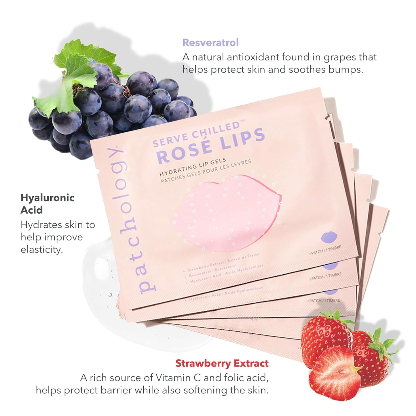 Patchology Serve Chilled Rosé Gel Lip Mask – Hydrating Mask with Resveratrol & Hyaluronic Acid for Soft Feel, Plumping & Moisture – Strawberry Scented, Solution for Dry or Chapped Lips, 5 Count
