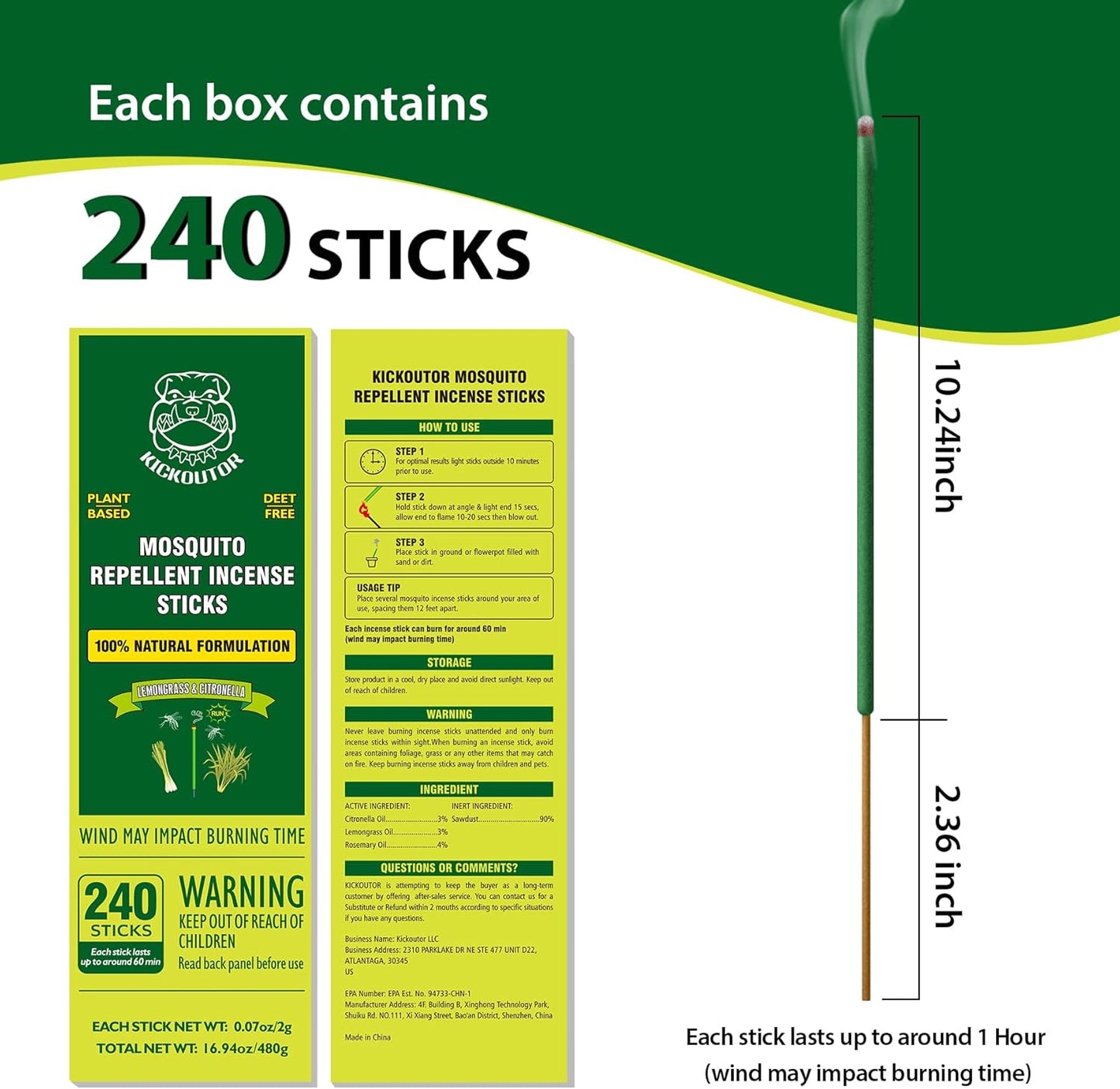 KICKOUTOR® Mosquito Repellent Outdoor Patio 240 PCS Natural Citronella Incense Sticks DEET Free Lemongrass Oil Gnat Mosquito Control for Indoor Backyard Travel Camping
