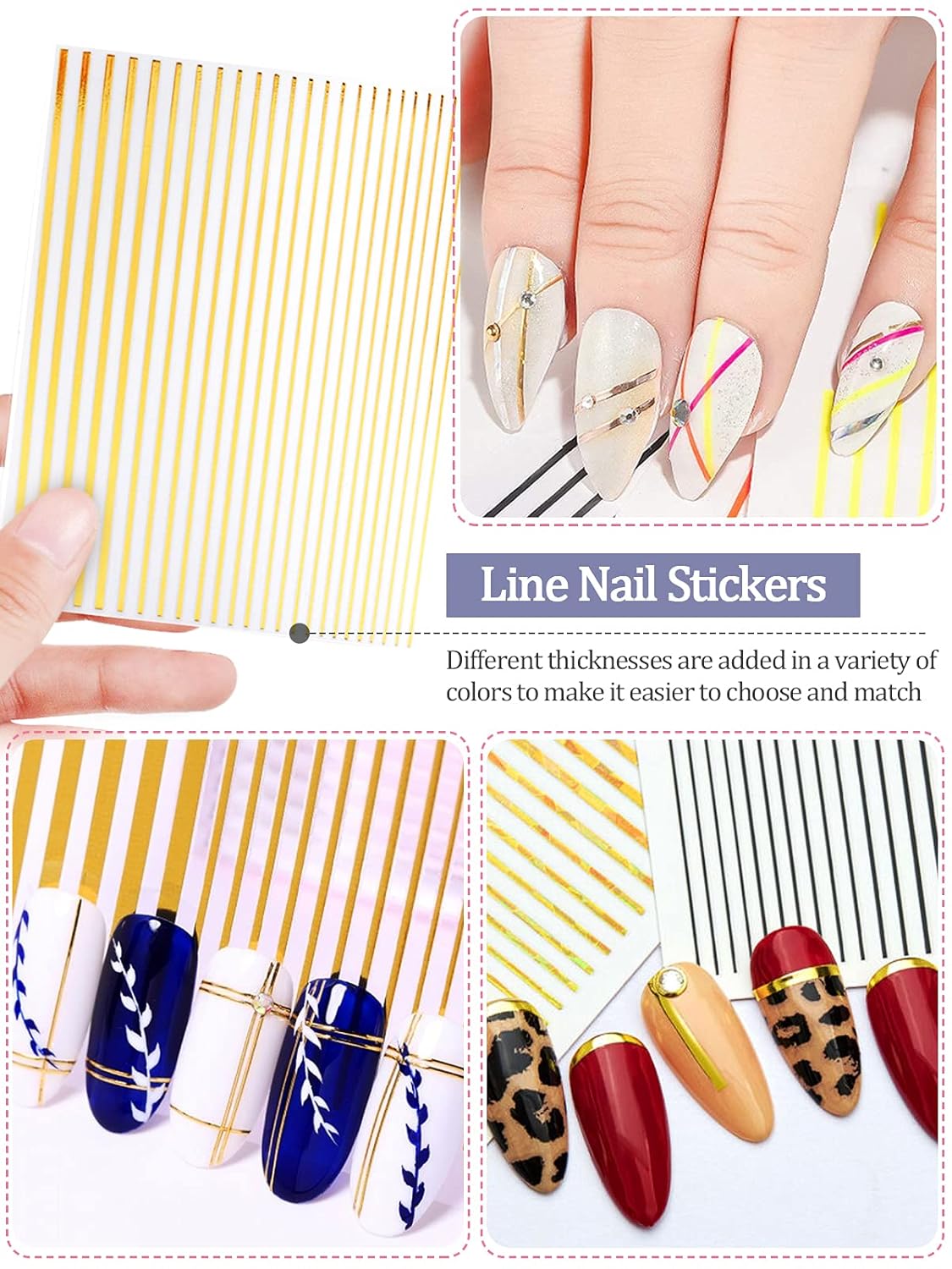 EBANKU 17 Sheets Strip Line Nails Stickers, 3D Fluorescent Laser Gold Adhesive Striping Tape Nail Decals for Women Girls Nail Art Design Deacoration