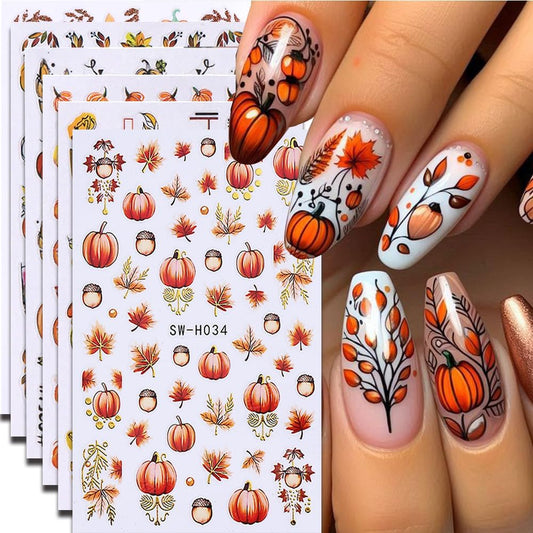 6Pcs Fall Nail Stickers Thanksgiving Pumpkin Nail Decals DIY Self Adhesive Maple Leaves Nail Design Sticker Autumn Nail Decoration Supplies Manicure Accessories for Women Girls
