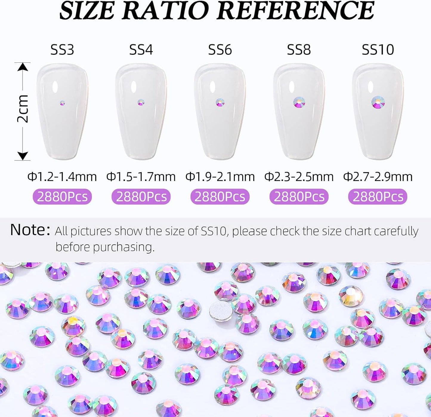 Crystal AB Flatback Rhinestones, Glass Rhinestones for Nail Art and Craft, Glue Fix, Loose Crystal Gemstones(Crystal AB, SS8, 2880pcs, 2.3-2.5mm)