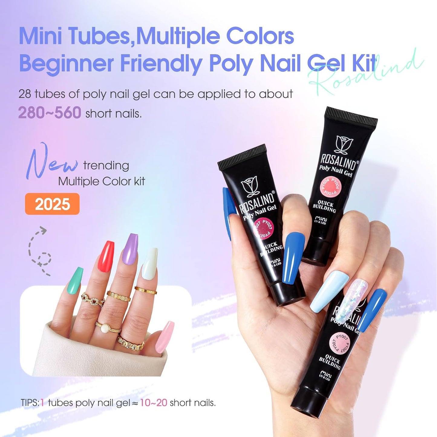 ROSALIND 28 Colors Color Poly Nail Gel Colors Kit with Mini Nail Lamp Clear Neon Poly Nail Gel Starter Kit for Beginners Halloween All Seasons Classic Colors with Everything