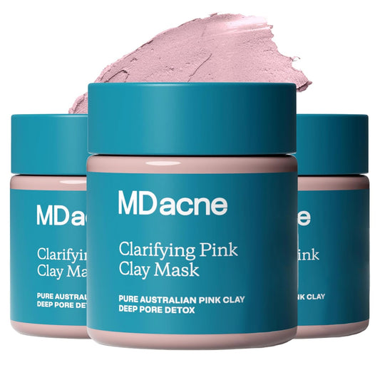 MDacne Clarifying Clay Face Mask - Deep Pore Detox with Australian Pink Clay - Detoxifying, Exfoliating & Brightening - Reduce Skin Redness & Irritation for Sensitive Acne-Prone Skin (3 Pack)