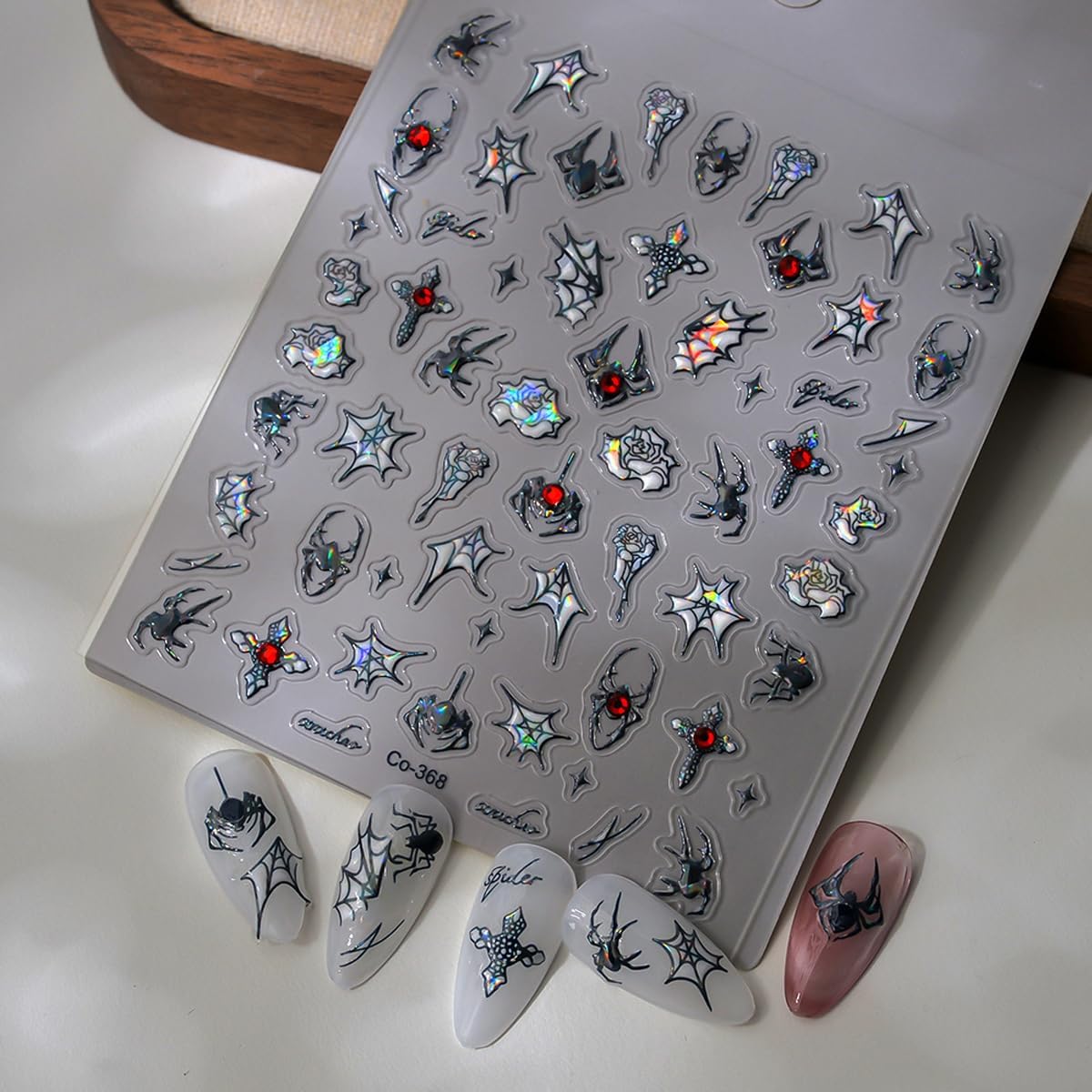 Spider Web Nail Stickers Flower Nail Decals with Rhinestone Design 5D Self Adhesive Nails Art Stickers Charms Supply for Women Girls Kid Halloween Manicure DIY Decoration Accessories