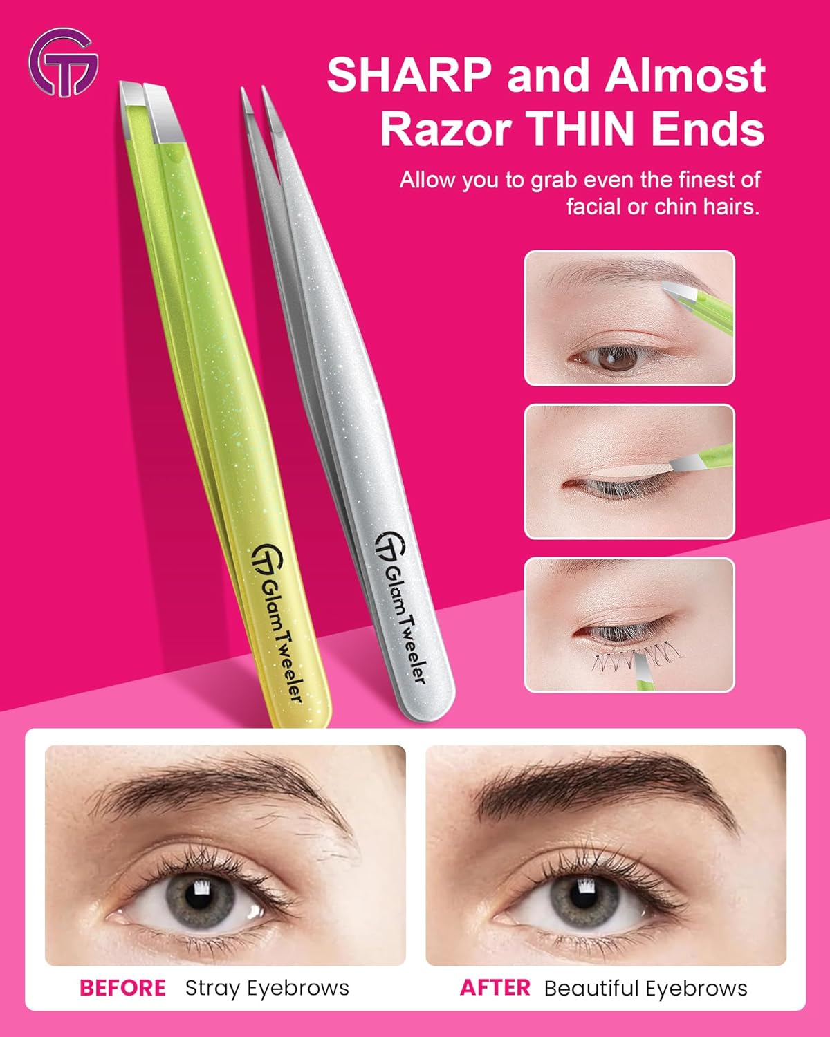 Expert Slant and Point Tip Tweezer Set with Exclusive Storage & Carrying Case, GlamTweeler Sharp & Precision Tweezer Set for Eyebrows, Facial Hairs & Fine Hairs Removal (Sparkle Apple Green + Silver)