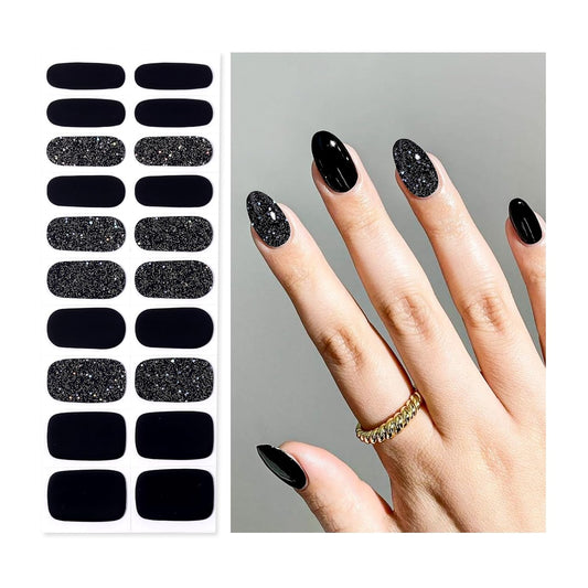 Semi Cured Gel Nail Strips | Built-In Gel Top Coat | UV Light Required | Salon Quality, Easy Application And Removal (Black Sparkle)