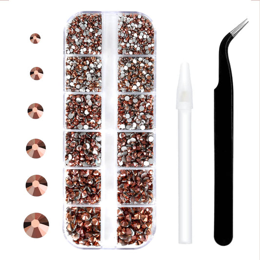 4240Pcs Rosegold Flatback Rhinestones 6 Sizes Crystal Diamonds for Nail Art Crafts Clothes Shoes with Tweezers and Picking Pen