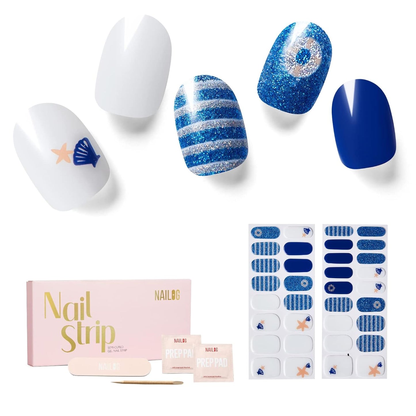 NAILOG Semi Cured Gel Nail Strips for Summer 34 pcs, Buy 2 Get 1 UV Lamp, Salon-Quality Nail Strips with Soft Gel Finish | Marine Story