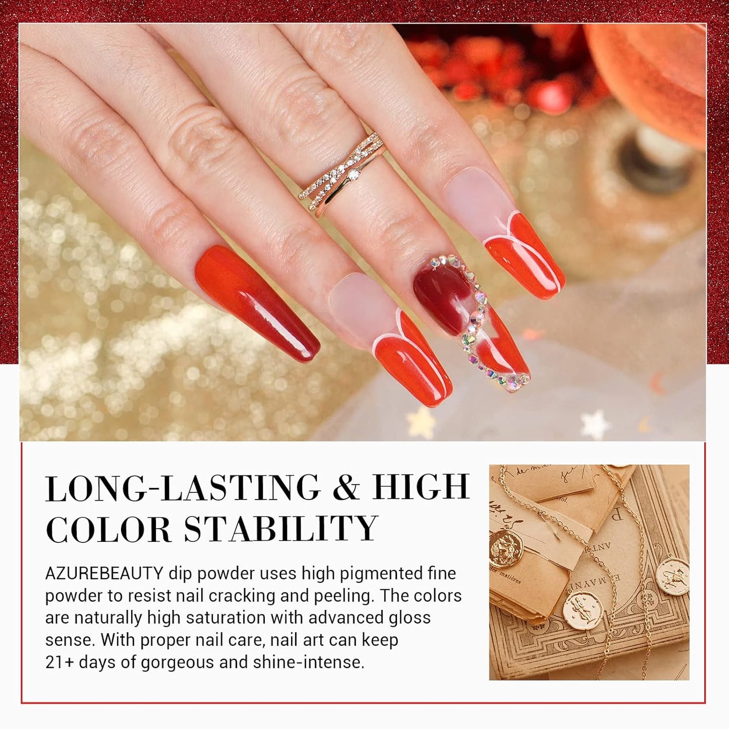 AZUREBEAUTY Dip Powder Nail Set, Red Burgundy Rose Berry Sparkle Milky Snow White Silver Glitter, 6 Colors Dipping Powder Starter Kit French Nail Art Manicure DIY Salon, No Need Nail Lamp Cured