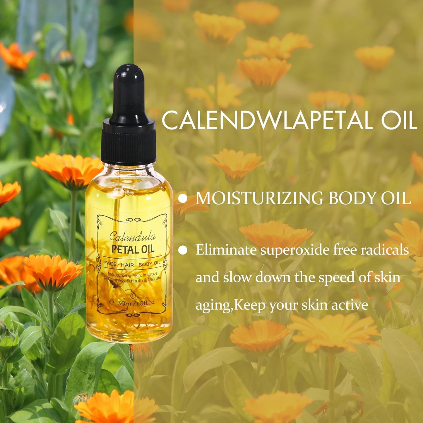 Calendula Essential Oil with Flower Petal, Sunflower Seed, Olive Fruit Natural Massage Oils for Nails, Hair, Body, Face Moisturizing Skincare Oil Serum Dry Hair Strengthening Treatment All Types 30ml